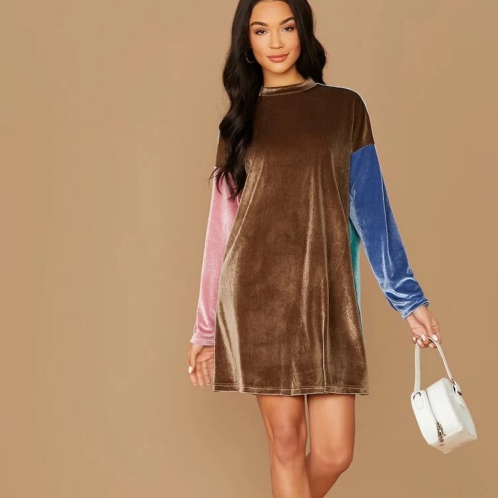 DROP SHOULDER CUT-AND-SEW VELVET DRESS - Picture 2 of 6